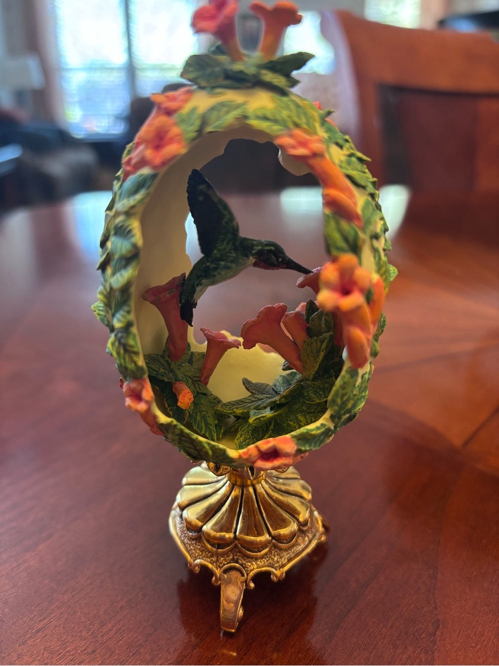 Faberge Ornate Hummingbird Floral Egg Accent - Green and Orange with brass stand
